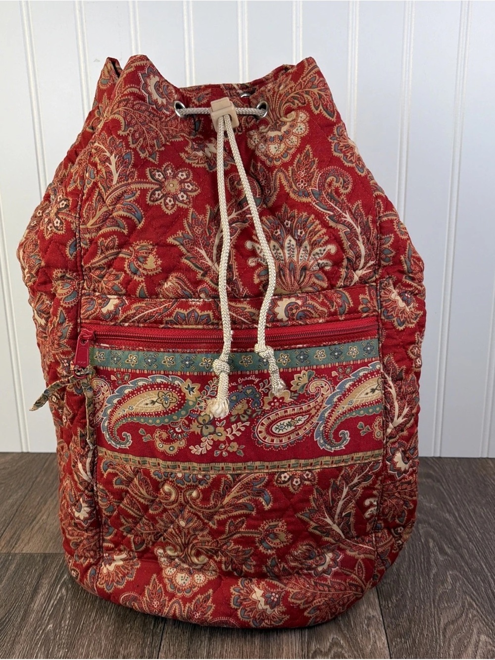 Vintage Vera Bradley Drawstring Backpack Plastic Lined Sling Bag Red Paisley